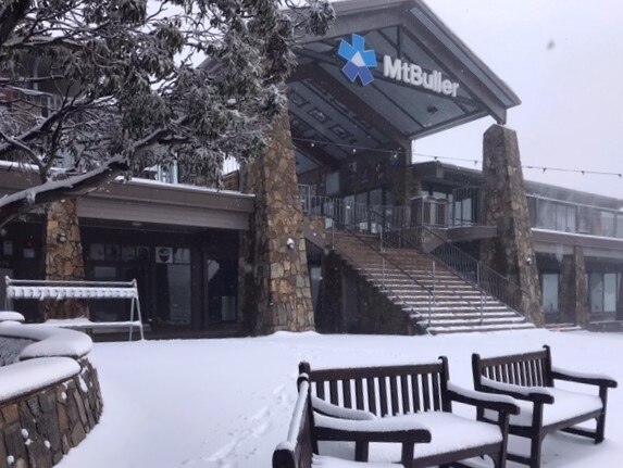 Snow blanketing the entrance to the Mt Buller ski resort