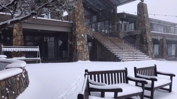 Snow blanketing the entrance to the Mt Buller ski resort