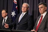 Greg Hunt, Scott Morrison and Brendan Murphy stand at podiums in front of a blue curtain