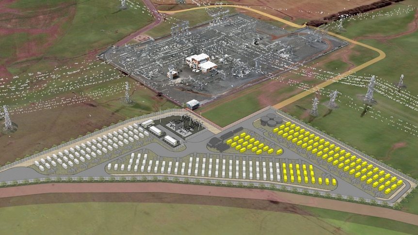 A graphic of dozens of large battery storage units near a power substation.