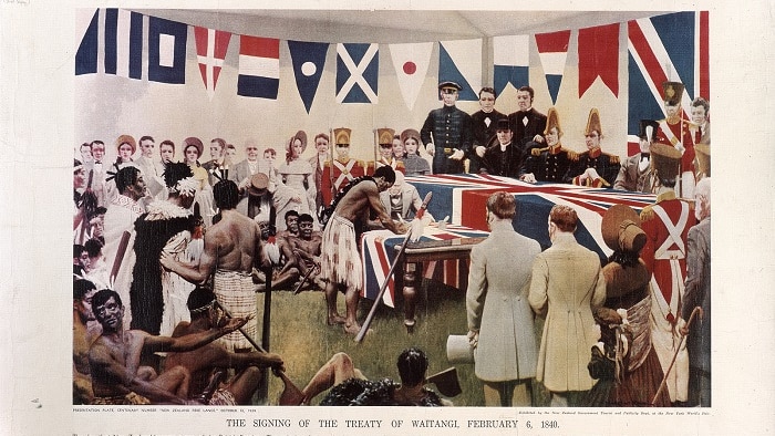 A painting of the signing of the Treaty of Waitangi
