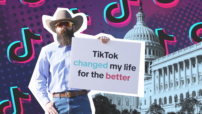 A man holds a sign protesting a TikTok ban with collage cut outs of the US Capitol and TikTok logo