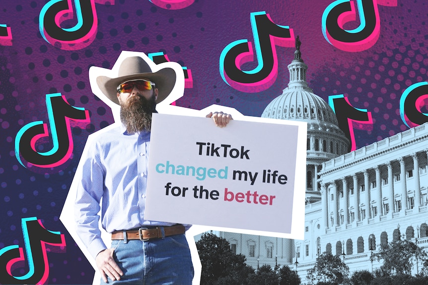 A man holds a sign protesting a TikTok ban with collage cut outs of the US Capitol and TikTok logo
