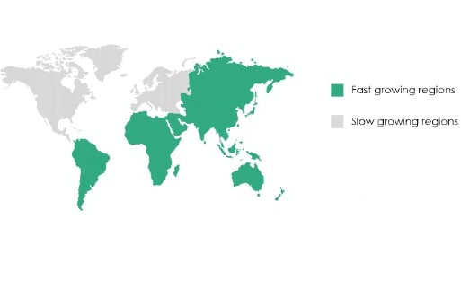 A map showing Australia, New Zealand, Asia, Russia, Africa and South America in green.