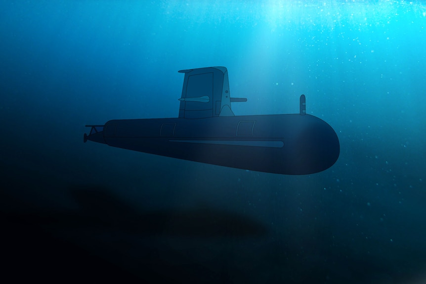 Illustration of dark grey submarine under water with dark blue shaded background and sun rays in top right corner of water.