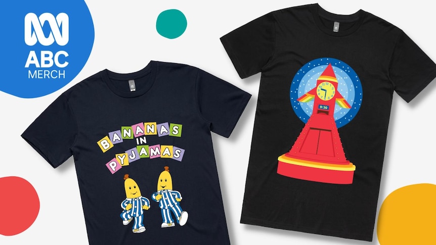 Two t-shirts, one with Bananas in Pyjamas and the other with the Play School clock.