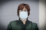 A man with longish brown hair sits against a grey wall, dressed in green and wearing a surgical mask.