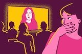 Illustration of a woman looking embarrassed in front of a screen in a room of people