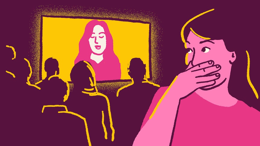 Illustration of a woman looking embarrassed in front of a screen in a room of people