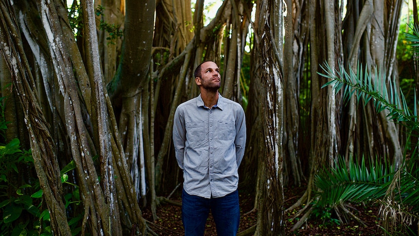 Jack Johnson stands in front of a bunch of huge trees in a forest. He looks up and past the camera.