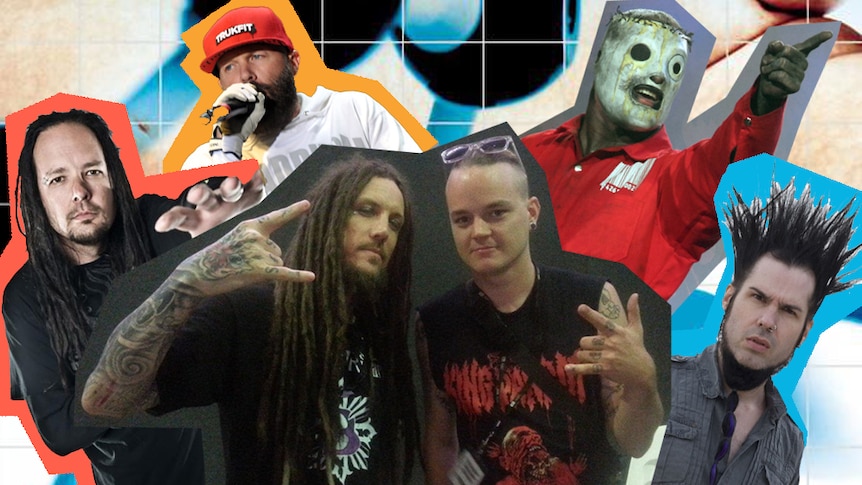 A collage of Korn, Limp Bizkit, Slipknot, Static-X and Lochlan Watt with Korn at Soundwave 2014
