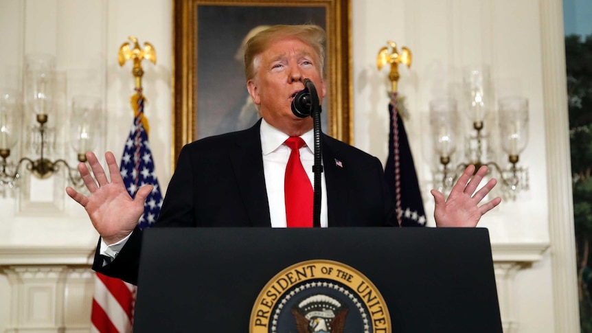 Donald Trump stands and raises his hands while addressing the media