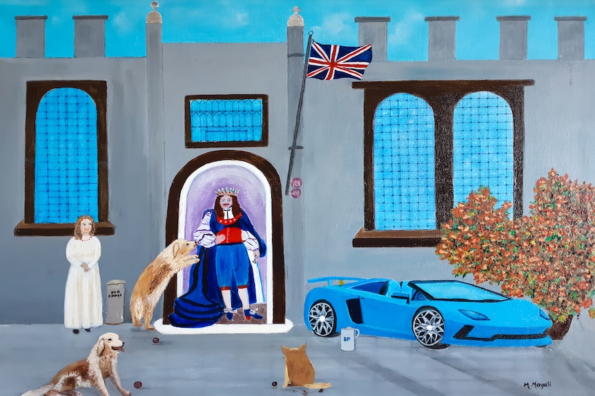 A painting shows a woman, a king, three dogs, and a sports car.