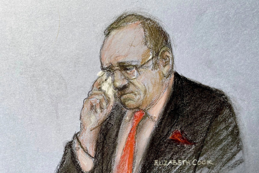 A court sketch of a man wiping a tear from his face with a tissue 