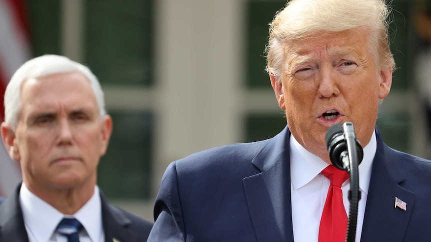 Donald Trump speaks into a mike as Vice President Mike Pence stands behind him.