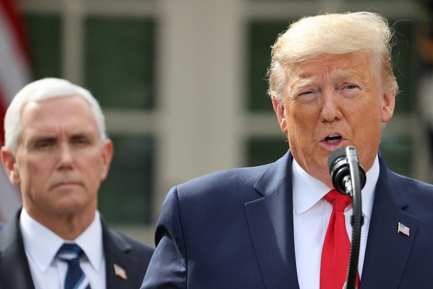 Donald Trump speaks into a mike as Vice President Mike Pence stand behind him.