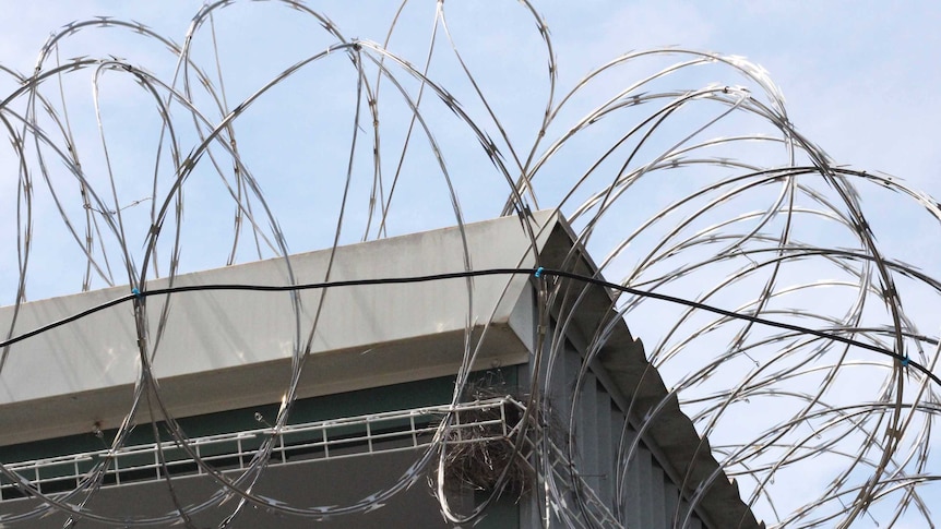 Barbed wire on a jail fence.