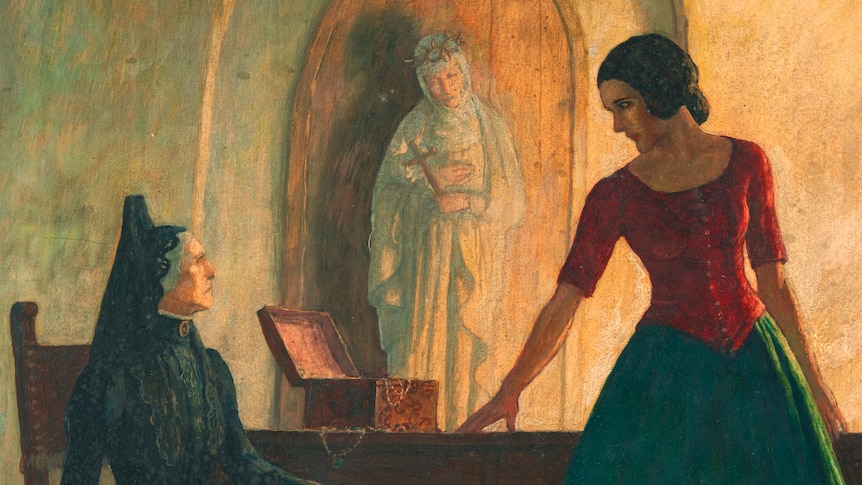 A close up of Newell Convers Wyeth's painting Ramona, frontispiece illustration (Señora Gonzaga Moreno and Ramona) 