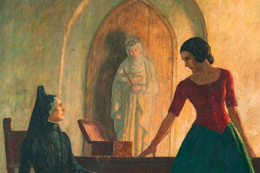 A close up of Newell Convers Wyeth's painting Ramona, frontispiece illustration (Señora Gonzaga Moreno and Ramona) 