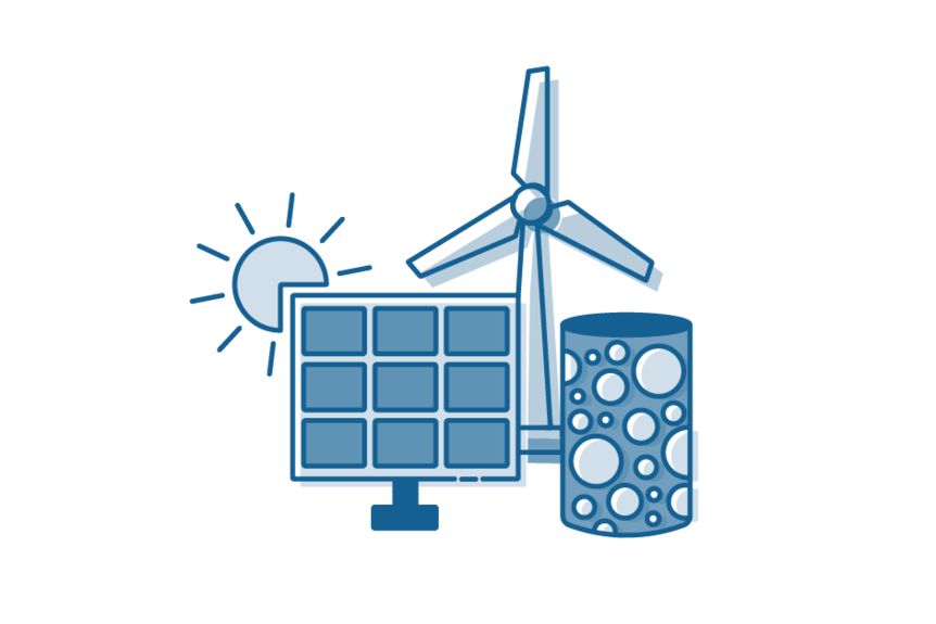 Icon illustration of solar panel, hydrogen bubbles and wind turbine.