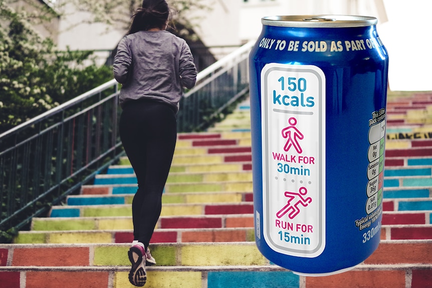 PACE labelling on a soft drink can with woman running up stairs