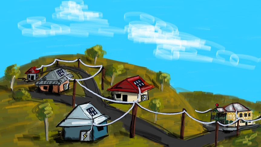 An illustration of the Yackandandah microgrid, three houses and a community building with solar and batteries connected.