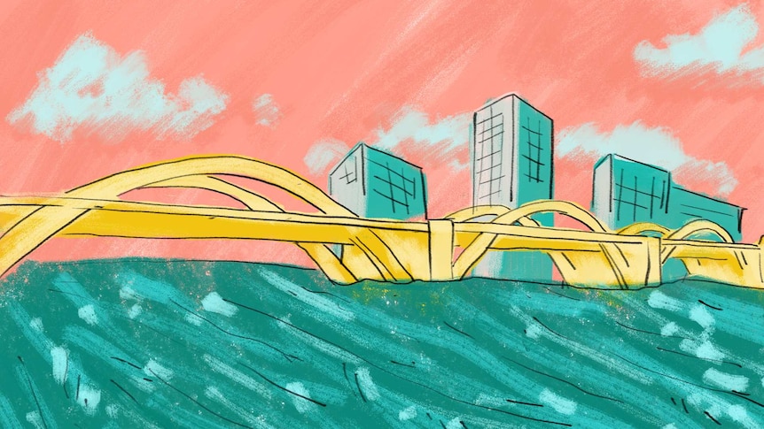 Drawing of tall building and a yellow bridge submerged in green water