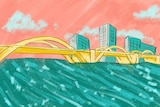 Drawing of tall building and a yellow bridge submerged in green water