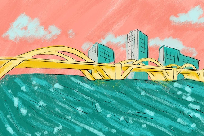 Drawing of tall building and a yellow bridge submerged in green water