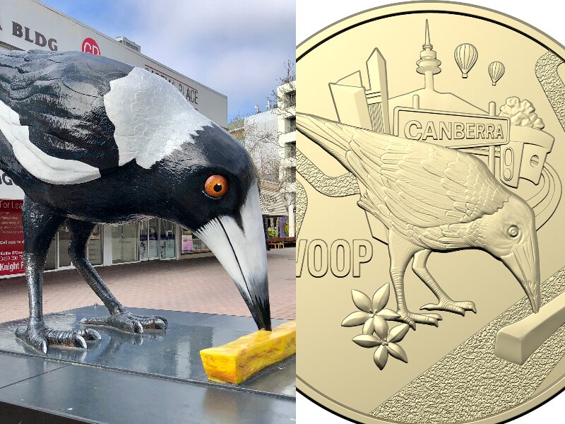 Giant magpie sculpture beside a gold coin featuring the magpie. 