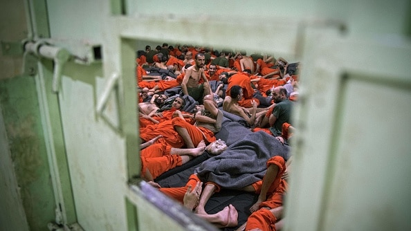 ISIS prisoners in a cell in northeastern Syrian