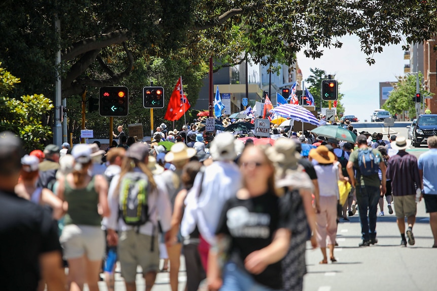 a large group of people walk along a street in perth's cbd, some holding flags and umbrellas