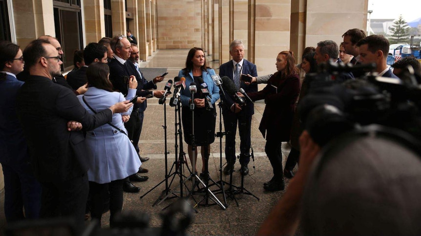 Liza Harvey surrounded by journalists at press conference announcing her leadership of WA Liberal Party WA.