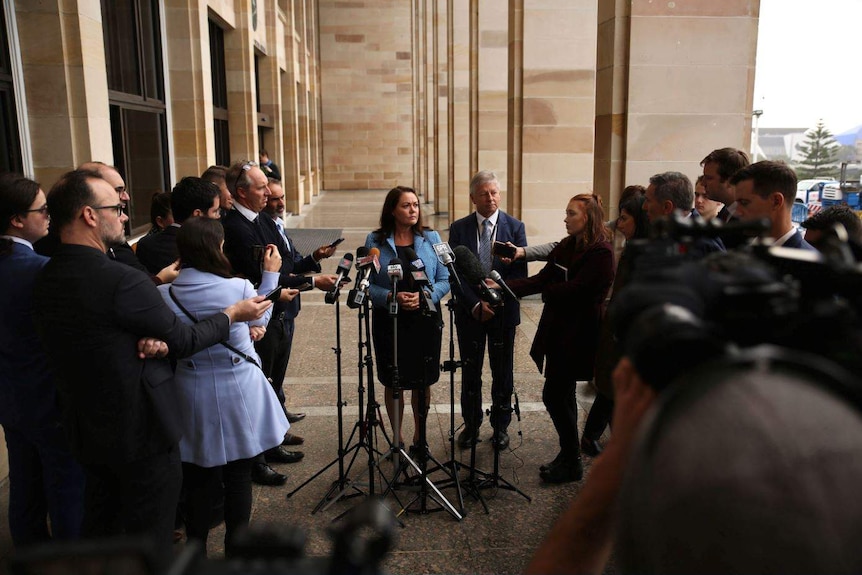 Liza Harvey surrounded by journalists at press conference announcing her leadership of WA Liberal Party WA.