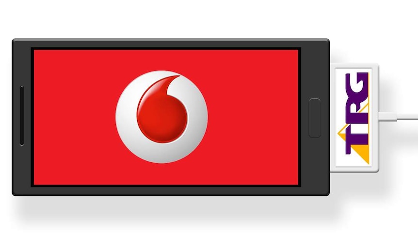 Graphic of a mobile phone with Vodafone logo on screen and TPG logo on USB.