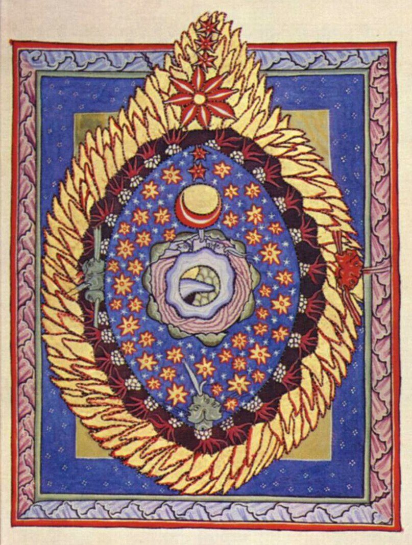 Medieval illumination depicting a vision of the cosmos, a many-layered, multi-hued oval shape.