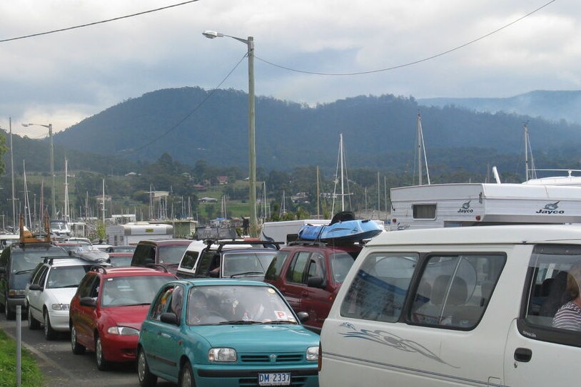 Cars queuing for Bruny Island Ferry