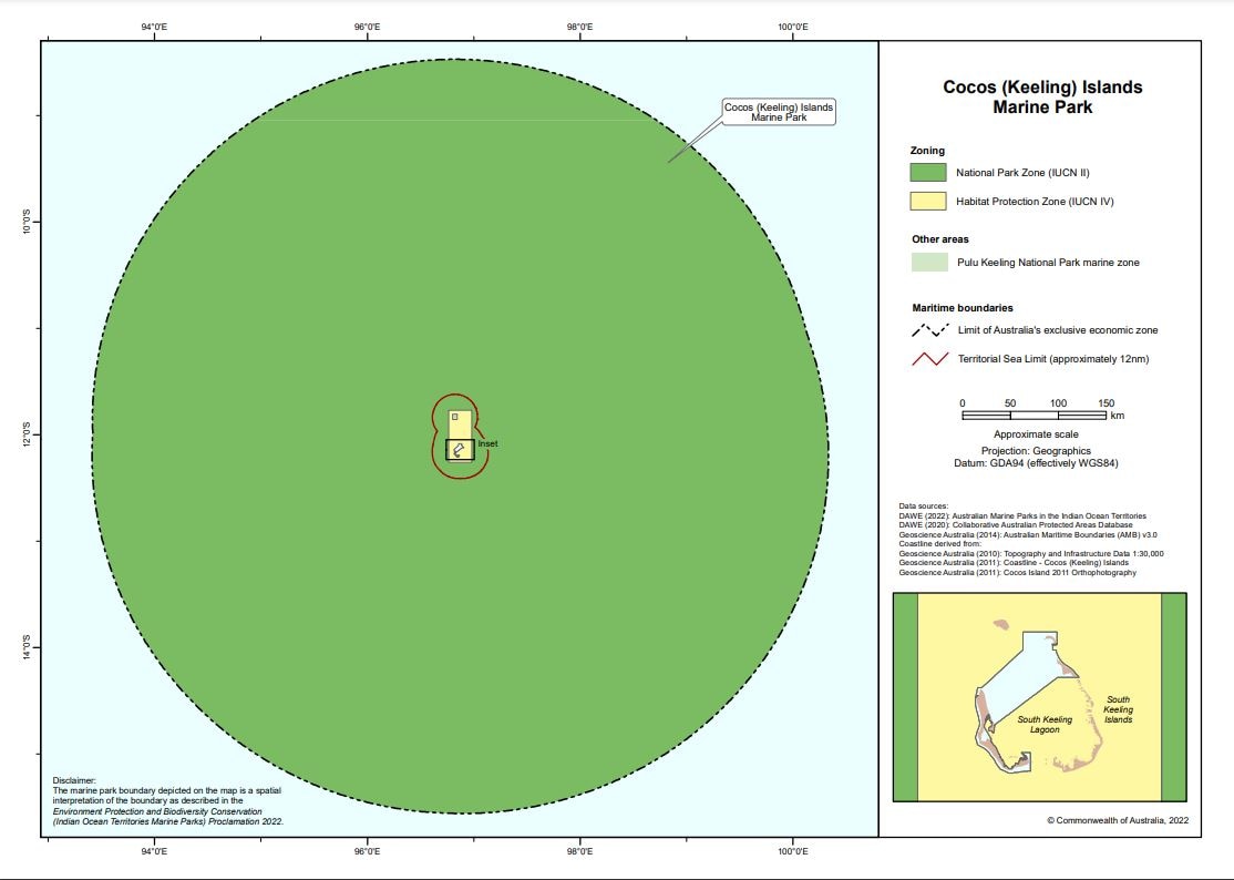 A map showing a lagoon in a green circle representing a marine park.