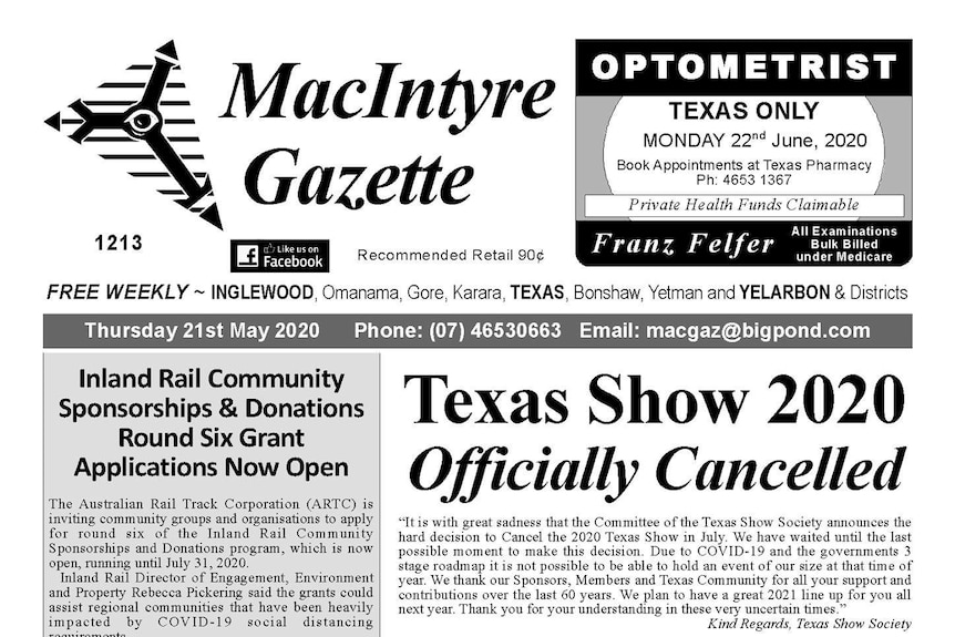 A photo of the front page of the MacIntyre Gazette from 21 May, 2020.