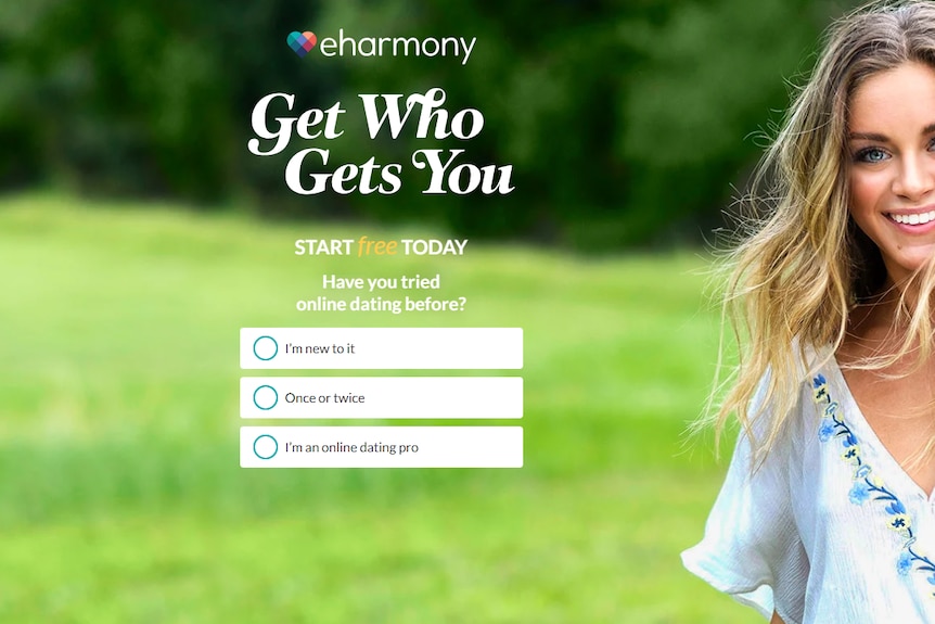 The website for eHarmony, which has a picture of a smiling blonde, white woman