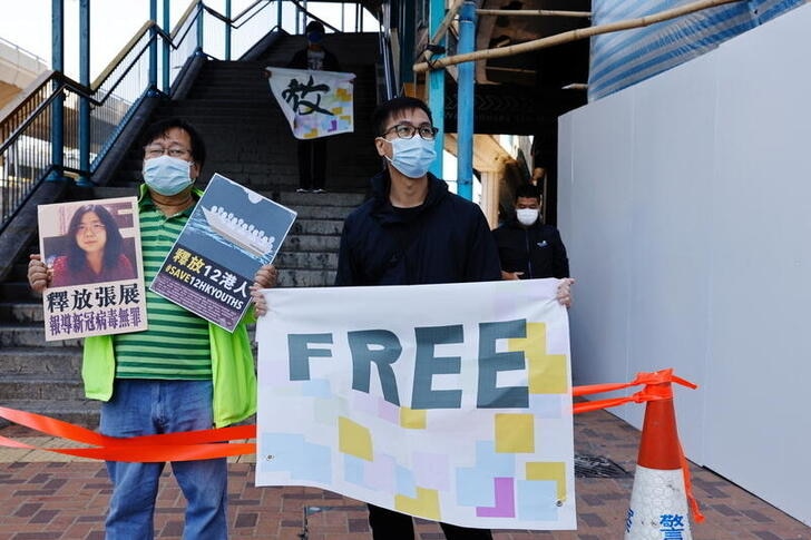 Two pro-democracy supporters protesting to urge for the release of journalist Zhang Zhan.