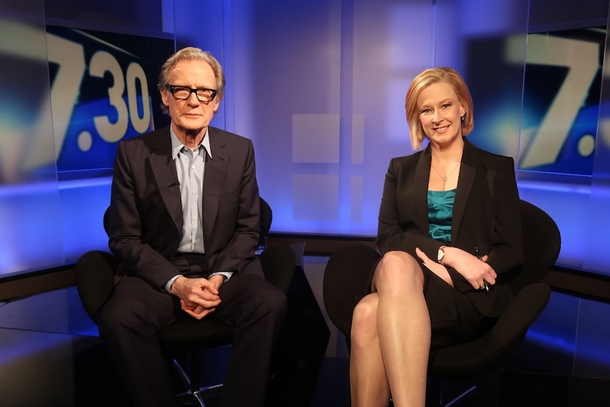 Leigh Sales and Bill Nighy on 7.30 set.