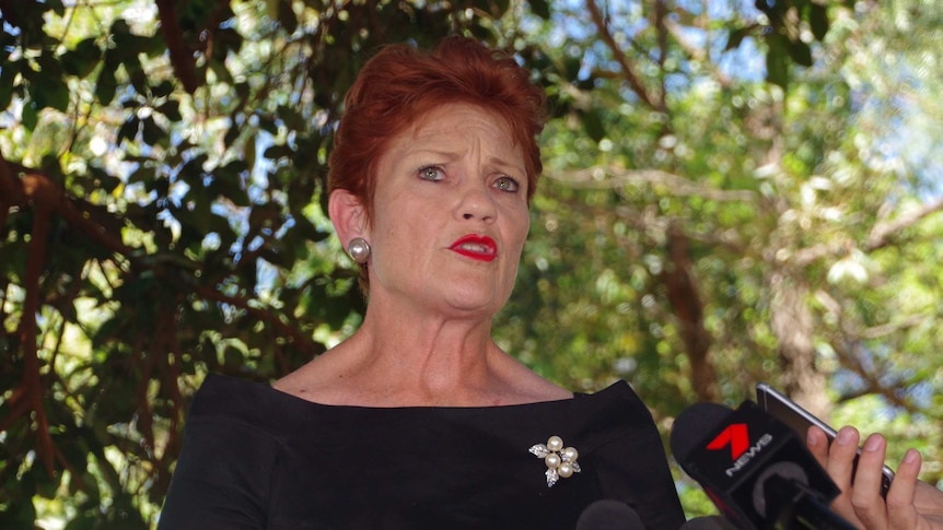 Pauline Hanson answering journalists questions in Perth