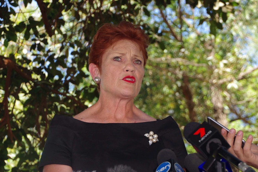 Pauline Hanson answering journalists questions in Perth