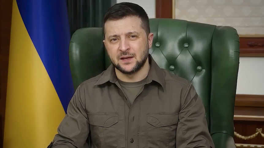 Ukrainian President Zeleskyy speaks via video link from Kyiv, March 21.
