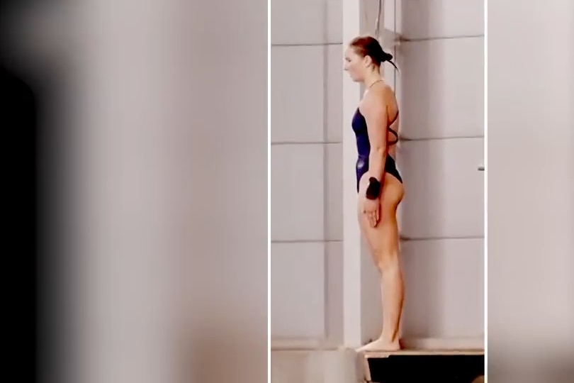 Nikita poised on the platform, a white box marked around her body's outline to emphasise her starting position.