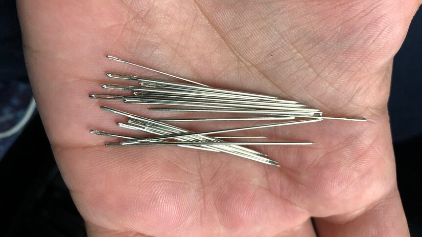 Sewing needles  are held out in the hand of a commuter who found them sticking out of a train seat.
