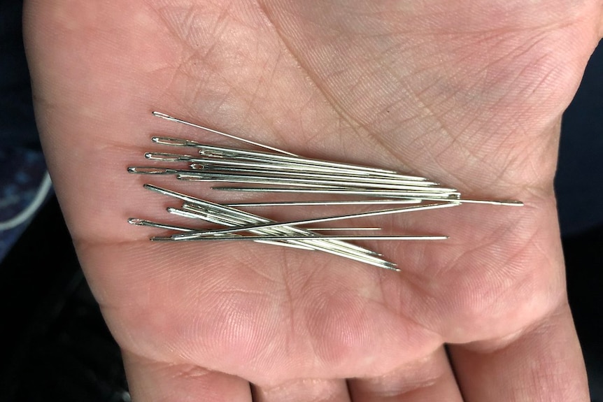 Sewing needles  are held out in the hand of a commuter who found them sticking out of a train seat.