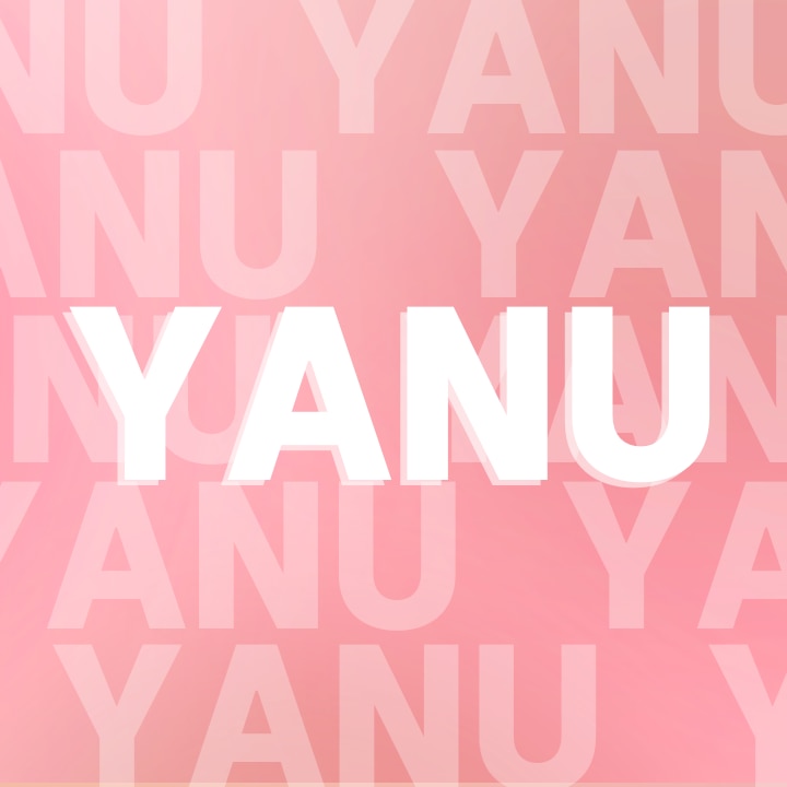 The word Yanu in written in block white text with a pink background. 