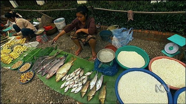 Women sits with fish, rice and fruits for sale on blankets